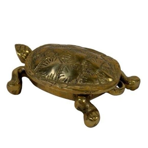 Solid Brass Turtle Trinket Jewelry Box Ashtray Hinged Lid Antique Vintage MCM - Picture 6 of 11